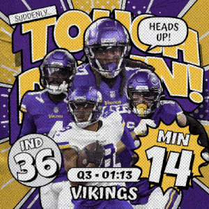an advertisement for the vikings football team shows a purple and yellow background