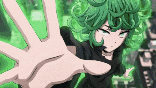 a girl with green hair is reaching out her hand towards the camera