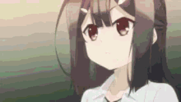 a close up of a anime girl with short hair and brown eyes looking at the camera .