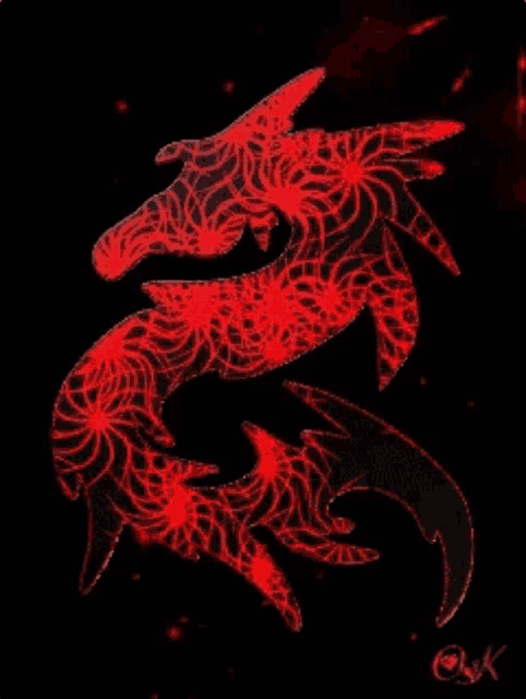 a drawing of a red dragon on a black background with the letters o.k. below it