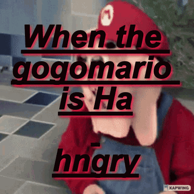 a picture of a person dressed as mario with a caption that says " when the gogomario is ha hungry "