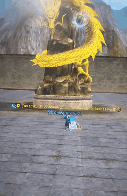 a screenshot of a video game shows a statue of a dragon and a person named billythekid