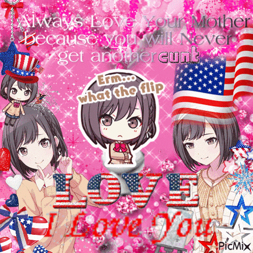 a picture of a girl with an american flag and the words " always love your mother because you will never get another cunt "