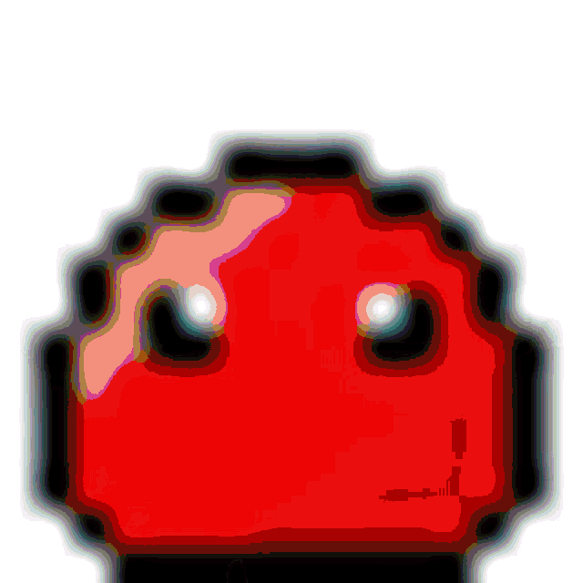 a pixel art drawing of a purple blob with a face on it .