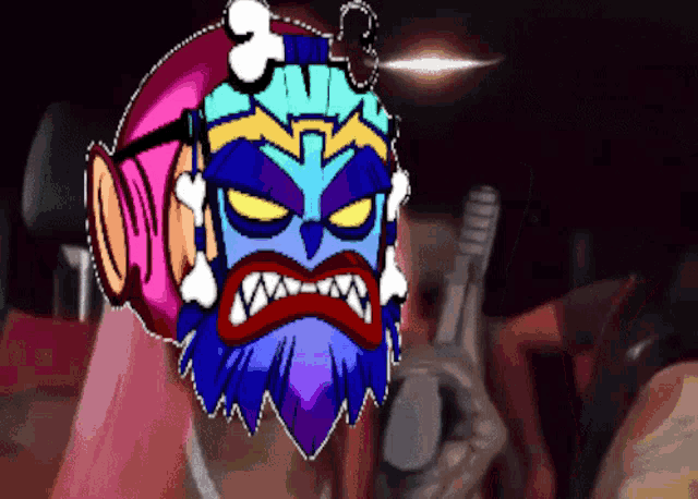 a cartoon drawing of a tiki with a beard and headphones