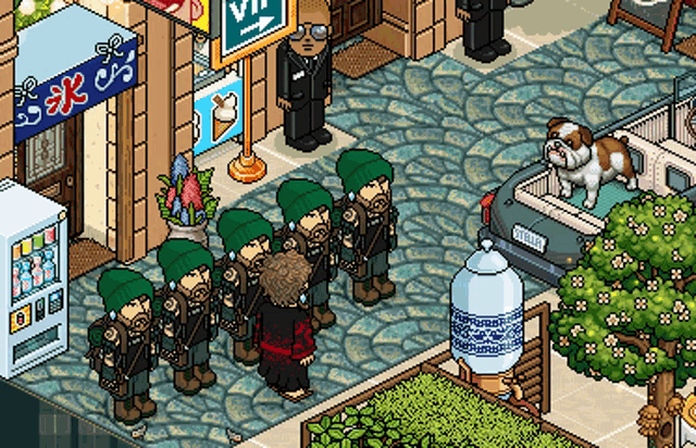 a pixel art drawing of a group of men standing in a line