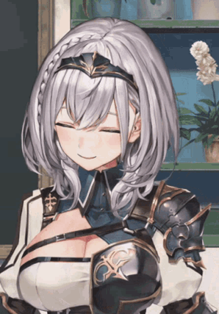 a close up of a anime girl with a braided headband