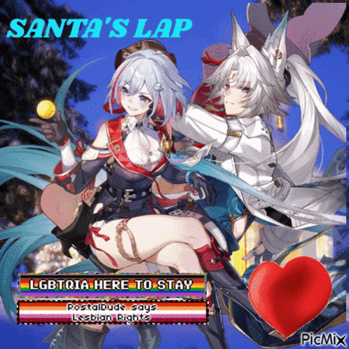 a picture of two anime girls says santa 's lap lgbtqia here to stay