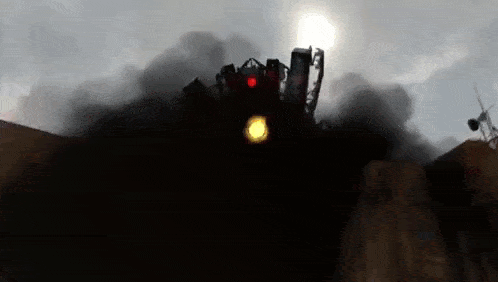 a computer generated image of a building with smoke coming out of it and a red light coming out of it .