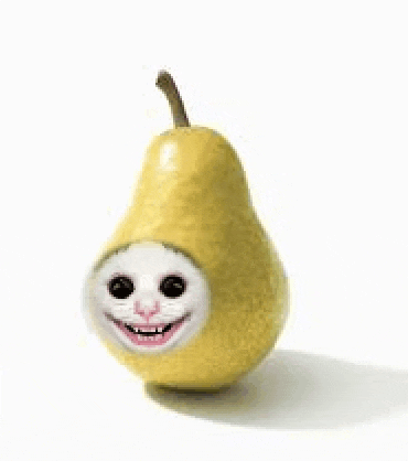 a yellow pear with a white face on it .