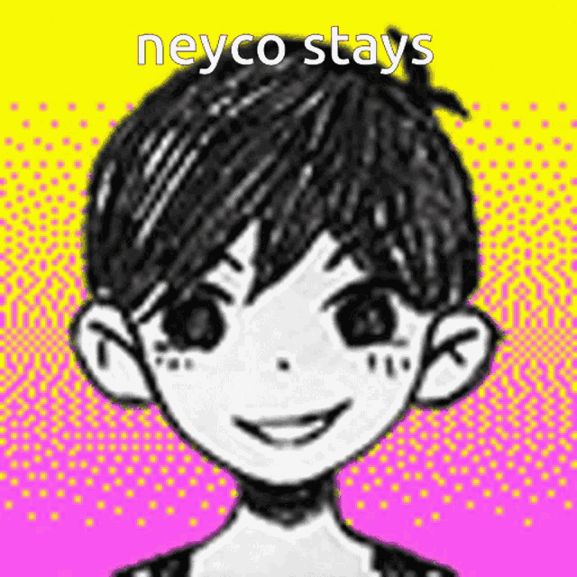 a drawing of a boy with the words " heyco stays " written above it