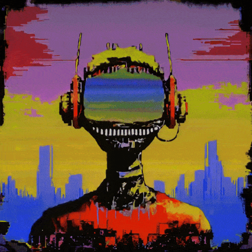 a colorful painting of a robot wearing headphones and a virtual reality headset