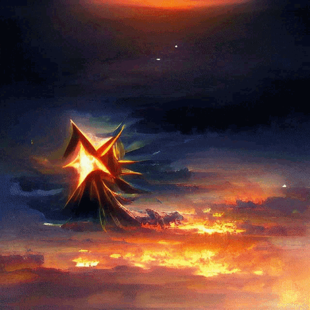 a painting of a sunset with a star in the sky