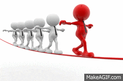 a red 3d man is standing in front of a large group of white people .