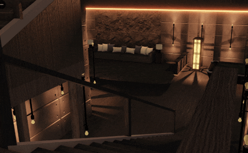 stairs leading up to a living room with a couch