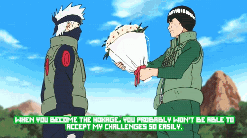 a cartoon of a man giving a bouquet of flowers to another man with the caption when you become the hokage