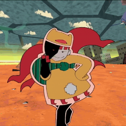 a cartoon character with a red cape is standing in a field