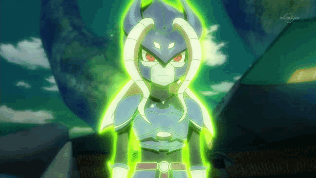 a cartoon character with a mask and horns is glowing in green light