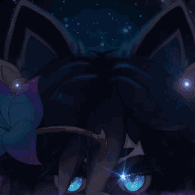 a drawing of a cat with blue eyes and a purple flower