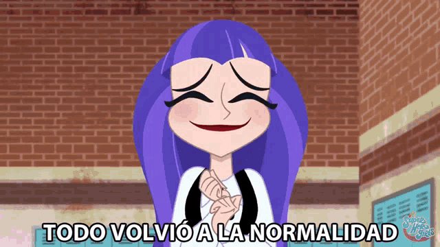 a cartoon of a girl with purple hair and the words todo volvio a la normalidad below her