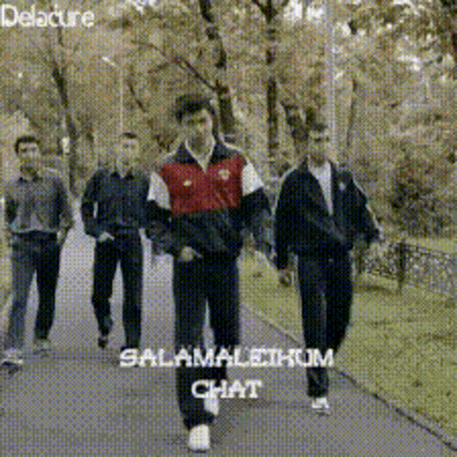 a group of men are walking down a path with the words salamalehum chat written on the bottom