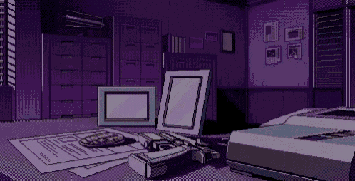a pixel art drawing of a room with a gun and papers on the floor