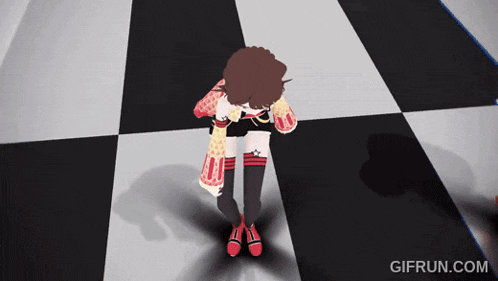 a gif from gifrun.com shows a girl dancing on a checkerboard floor