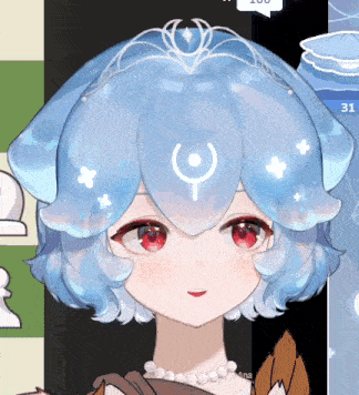 a girl with blue hair and red eyes is wearing a tiara