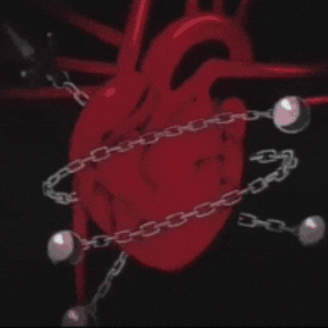 a red heart with chains around it and a knife hanging from it .