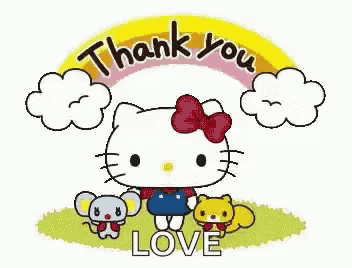 hello kitty is standing next to a mouse and a squirrel under a rainbow and says `` thank you love '' .