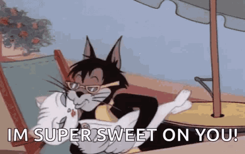 a cartoon cat is kissing a white cat while wearing glasses .