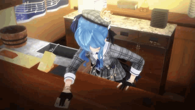 a girl with blue hair and a plaid outfit is standing at a counter