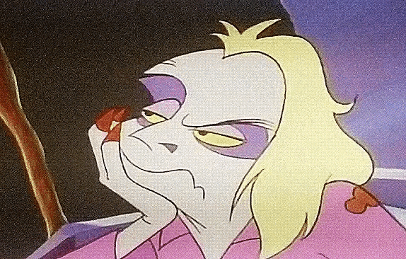 a close up of a cartoon character with a purple eye