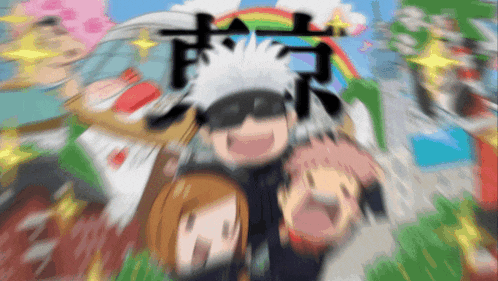 a blurry picture of a group of anime characters with a rainbow in the back