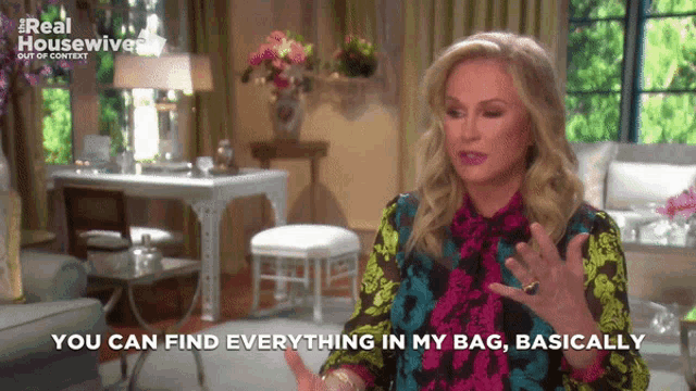 a woman says " you can find everything in my bag basically "