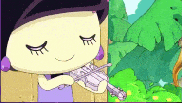a cartoon character is playing a violin with her eyes closed .