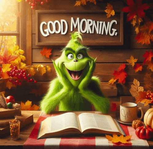 a grinch sits at a table reading a book under a sign that says " good morning "