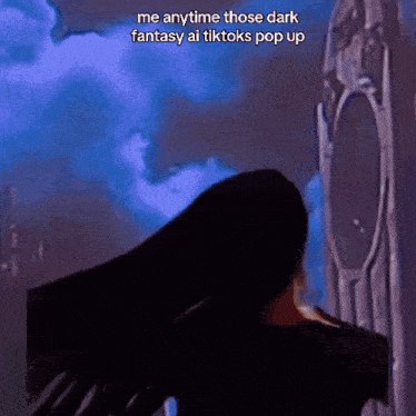 a woman is standing in front of a door with a caption that says me anytime those dark fantasy ai tiktoks pop up .