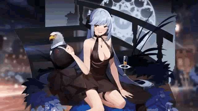 a girl in a black dress is kneeling down next to a pigeon in a tuxedo .