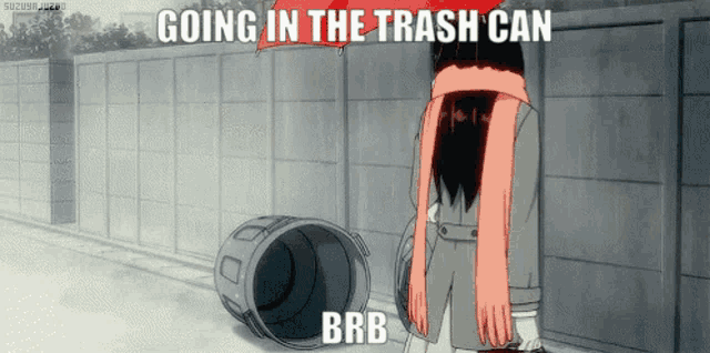 a girl with an umbrella is standing next to a trash can that says brb