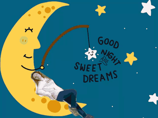 a woman laying on a crescent moon with the words good night and sweet dreams written on it