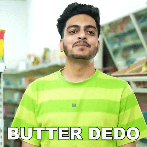 a man in a green and white striped shirt says butter dedo
