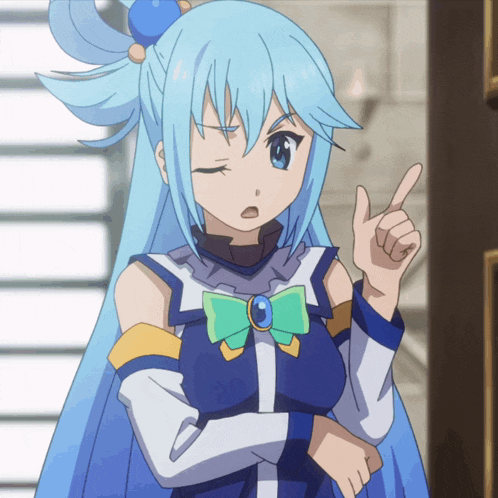 a girl with blue hair and a green bow is pointing her finger
