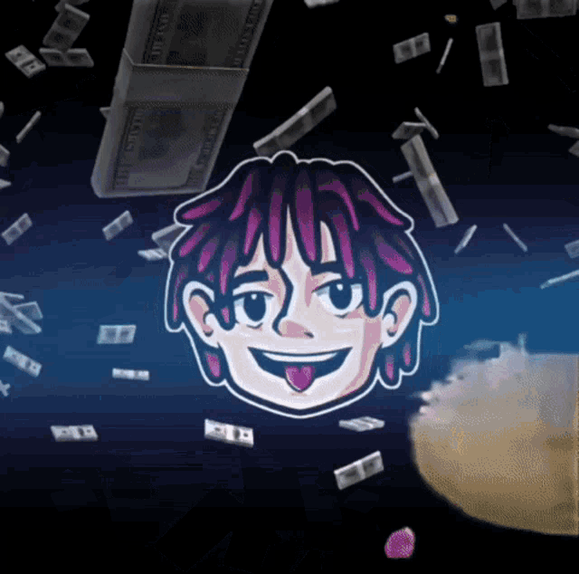 a cartoon drawing of a man with purple hair and a stack of twenty dollar bills