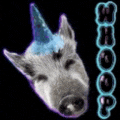 a dog with a blue unicorn horn on its head