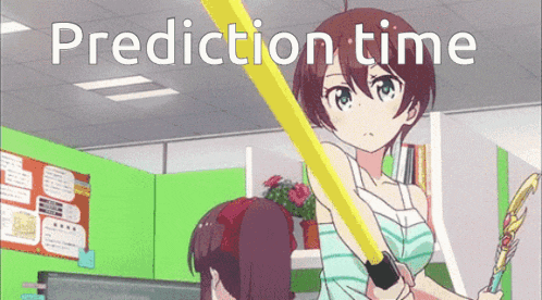a cartoon of a girl holding a bat with the words prediction time written below her