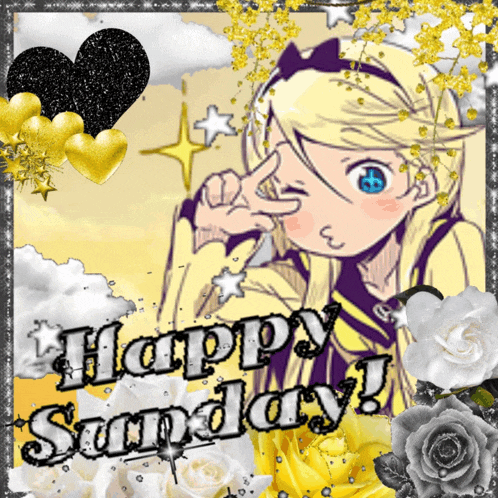 a happy sunday greeting card with a girl and roses