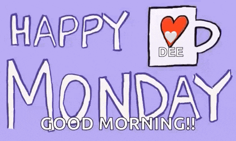 a purple background with the words `` happy monday good morning '' and a cup of coffee with a heart on it .