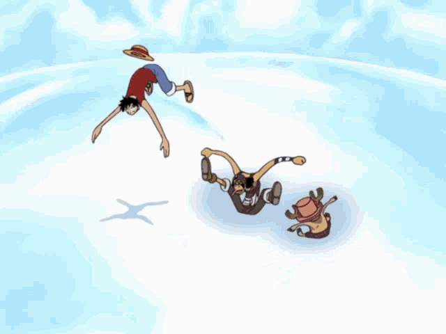 a group of cartoon characters are doing a handstand on a snowy surface