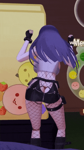 a girl with purple hair is standing in front of a wall that says welter